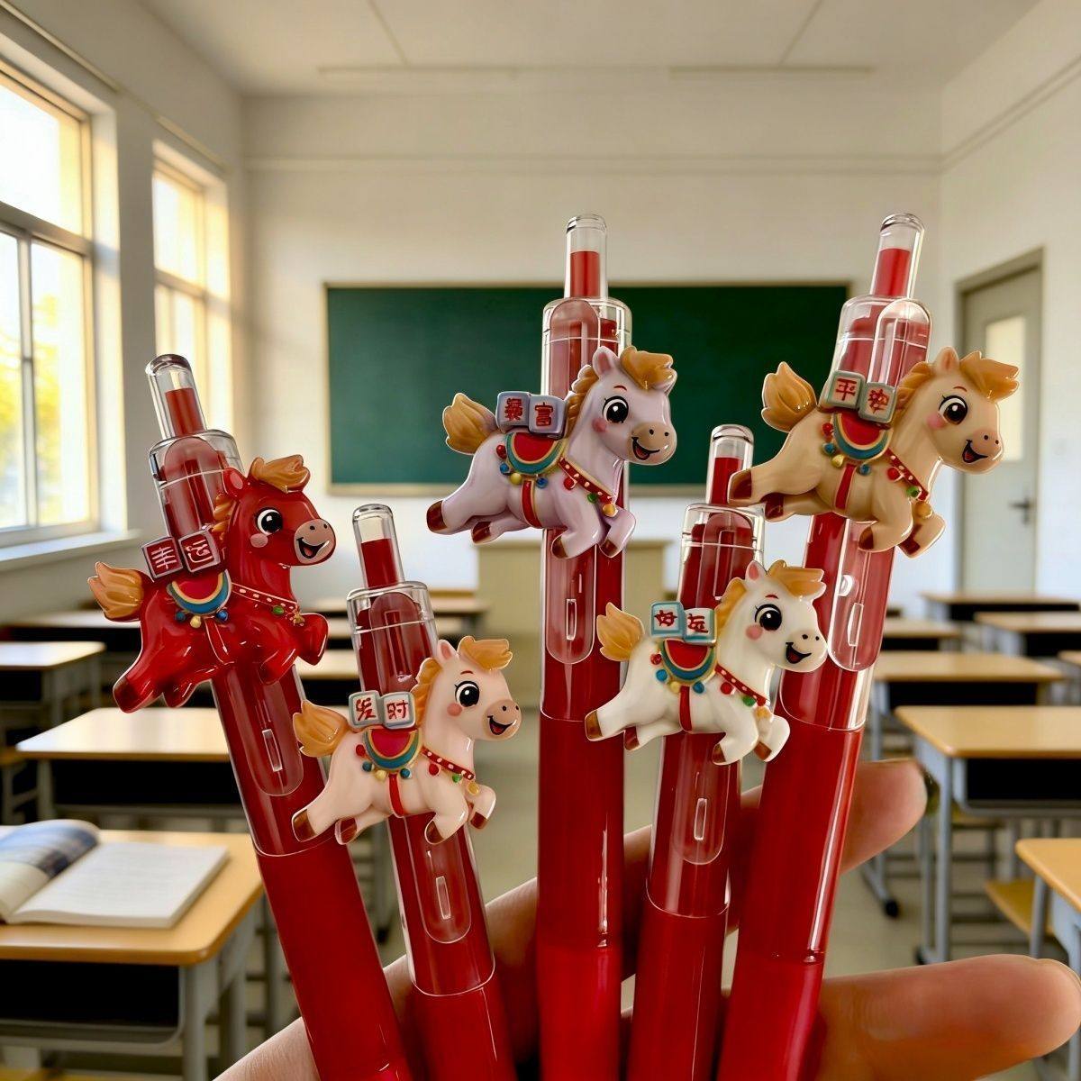 马年礼物红色小马笔按动笔ins高颜值中性笔卡通老师红笔黑笔刷题
