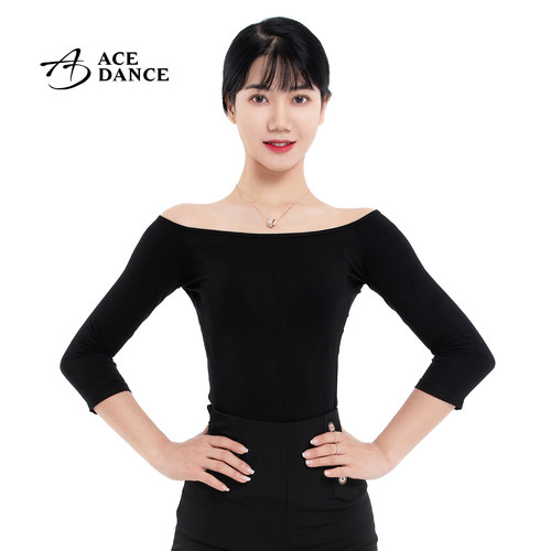瑰意拉丁舞一字领七分袖练功上衣