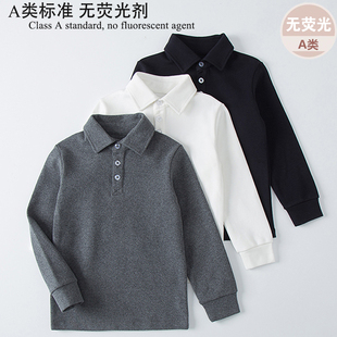 儿童加厚棉衬衫男女童简约POLO衫学生长袖T恤纯色黑白色上衣秋装