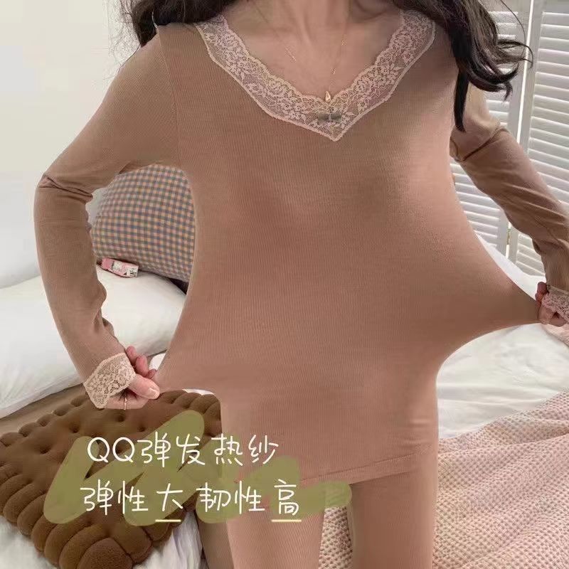 蕾丝花边德绒无痕保暖内衣女薄款棉毛衫冬秋衣秋裤套装修身女s286