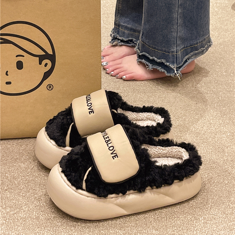 踩屎感棉拖鞋女冬季外穿时尚魔术贴厚底毛绒保暖室内居家包头s444