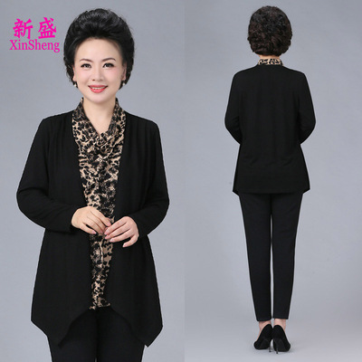 豹纹碎花假两件针织打底妈妈装