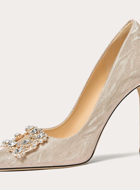 高跟鞋女2026新款秋冬法式方扣水晶尖头细跟气质大码加肥脚宽单鞋