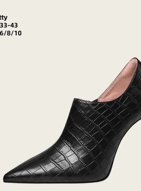 戈拉提新款黑色真皮高跟鞋细跟深口单鞋石头纹尖头侧拉链设计感