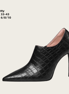 鳄鱼皮高跟鞋女细跟深口单鞋石头纹尖头侧拉链设计感小众