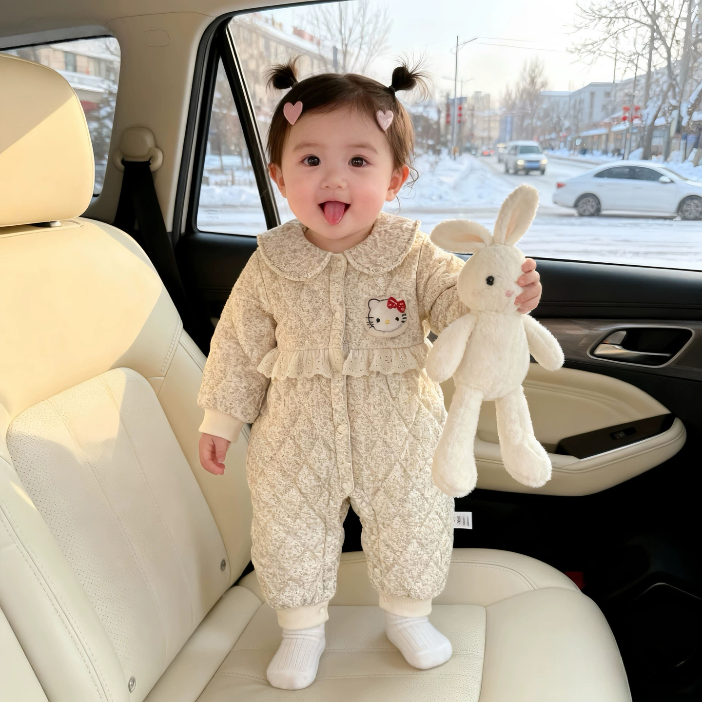 婴幼儿冬季夹棉连体衣女宝宝韩版可爱猫咪碎花加绒外出棉服包屁衣