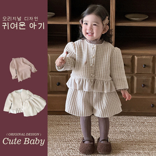 2025冬季加绒套装女童韩版长袖圆领开衫宝宝衣服打底衫短裤两件套