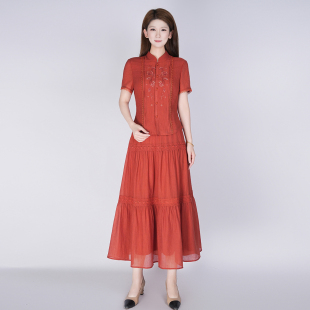 浒城古娘新款刺绣蕾丝气质优雅出游短袖新中式国风两件套装女夏季
