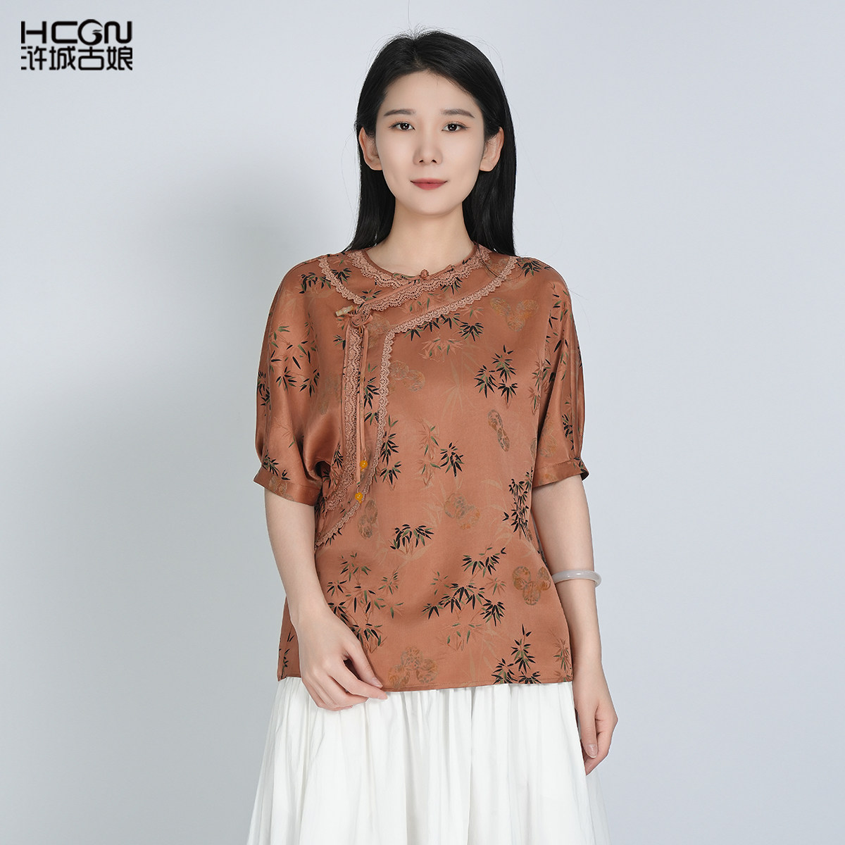 浒城古娘新款桑蚕丝清凉圆领宽松竹叶印花短袖新中式国风T恤女夏,女装/女士精品,上衣,淘宝优惠券,粉丝福利购,淘宝优惠卷