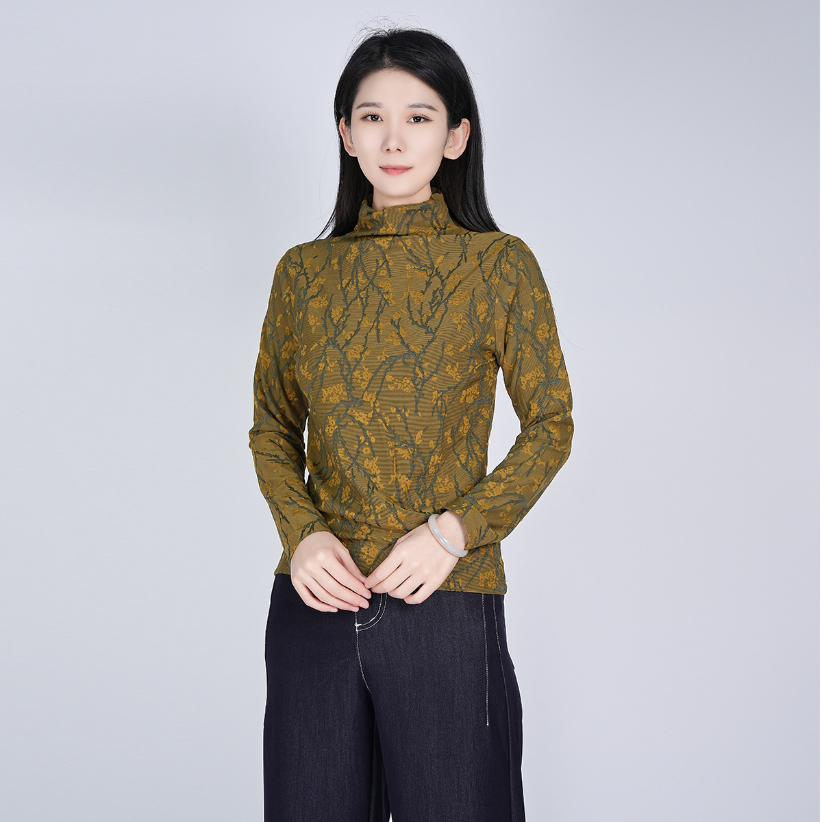 浒城古娘新款印花简约百搭长袖加绒保暖新中式国风内搭上衣女春秋