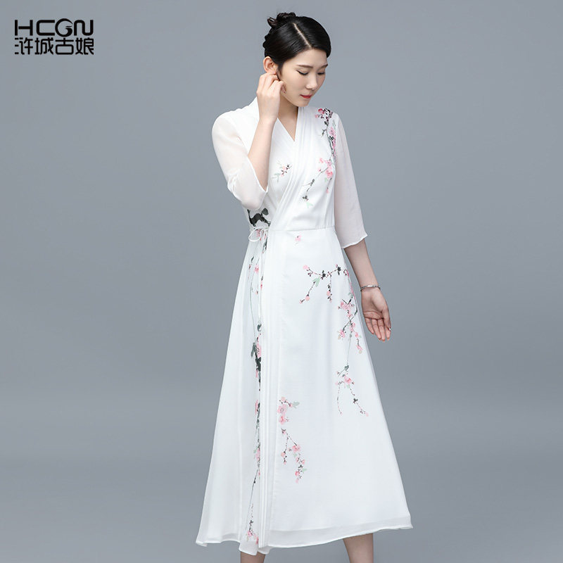 新中式夏季桑蚕丝精致印花长裙国风系带V领轻薄舒适透气女连衣裙,女装/女士精品,连衣裙,淘宝优惠券,粉丝福利购,淘宝优惠卷