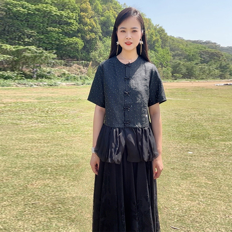 浒城古娘新款拼接百搭时尚气质优雅短袖圆领新中式国风上衣女夏季
