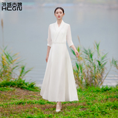 国风连衣裙女夏季 浒城古娘新款 真丝桑蚕丝气质白色仙女长裙新中式