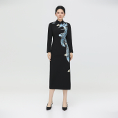 国风旗袍连衣裙女春秋 新中式 浒城古娘新款 刺绣气质优雅立领长袖