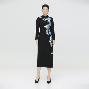 浒城古娘新款刺绣气质优雅立领长袖新中式国风旗袍连衣裙女春秋