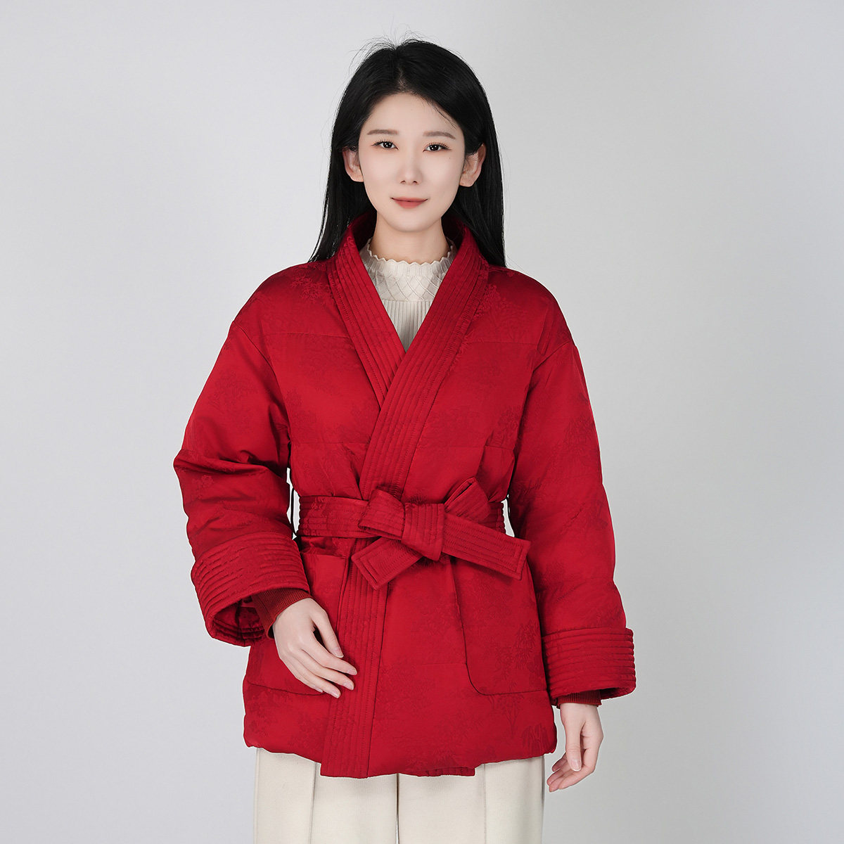 浒城古娘新款白鸭绒气质系带提花短款新中式国风羽绒服外套女冬季