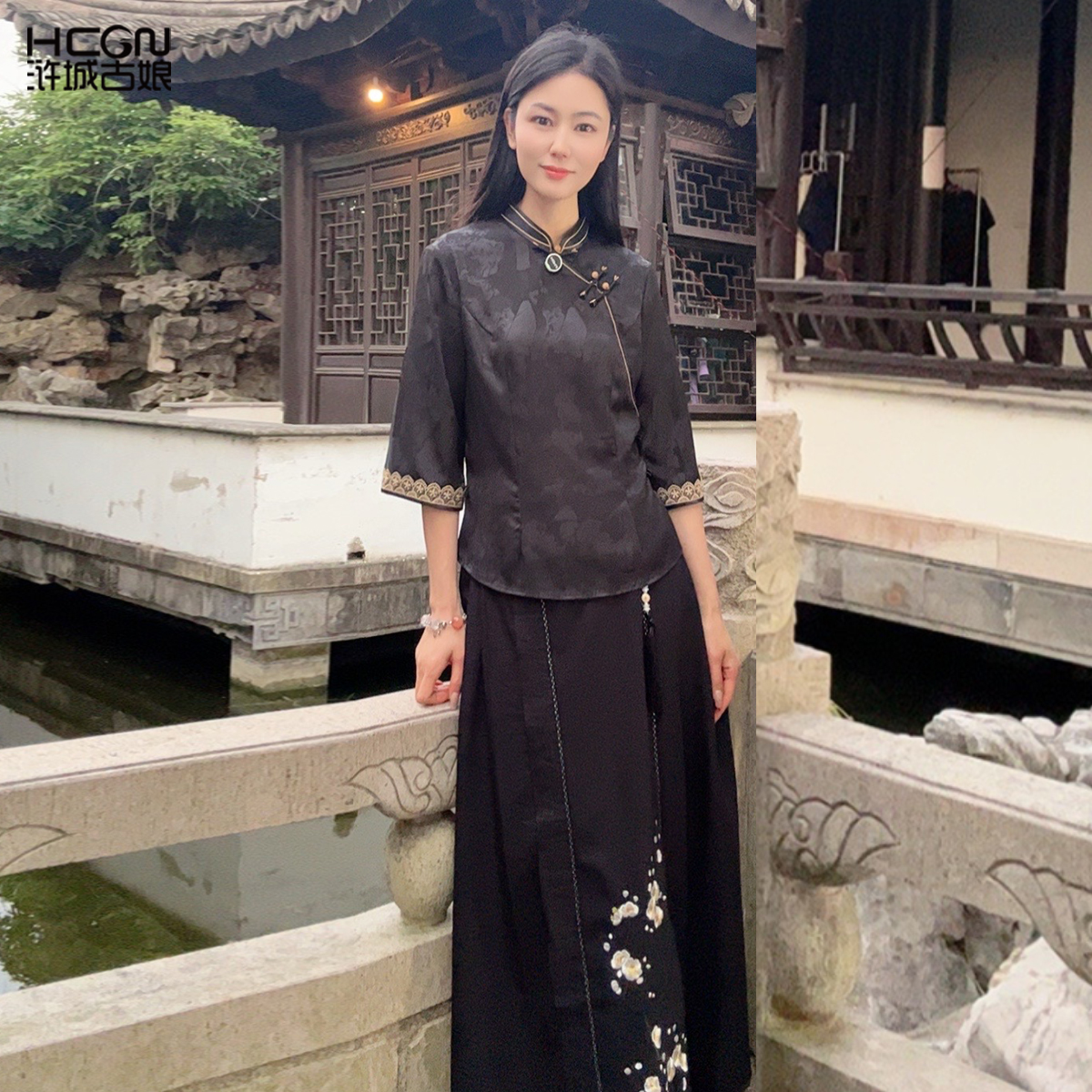 浒城古娘新款短款T恤女气质百搭手工盘扣短袖立领中式上衣+半裙