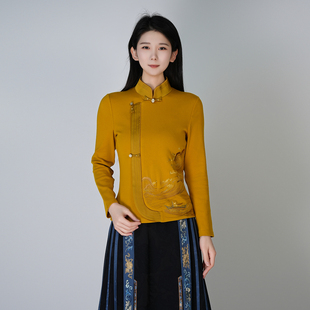 浒城古娘新款刺绣复古立领百搭长袖短款新中式国风T恤上衣女春秋
