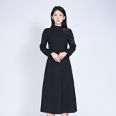 新中式 浒城古娘新款 刺绣气质立领收腰黑色长袖 国风连衣裙女士春秋