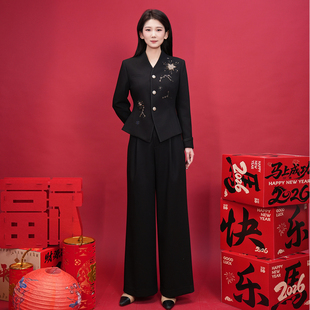 浒城古娘新款精致刺绣气质职业通勤长袖西服新中式国风套装女春秋