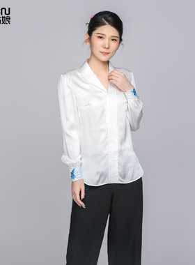 100桑蚕丝夏季气质白色V领中国风刺绣宽松百搭质感女士真丝衬衫