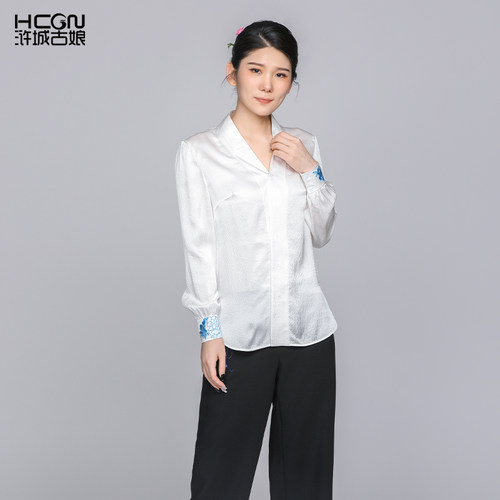中式夏季长袖百搭女士桑蚕丝衬衫
