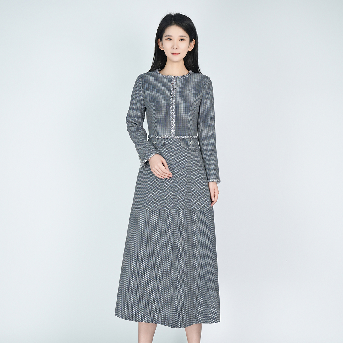 浒城古娘新款羊毛小香风气质优雅长袖圆领新中式国风连衣裙女春秋