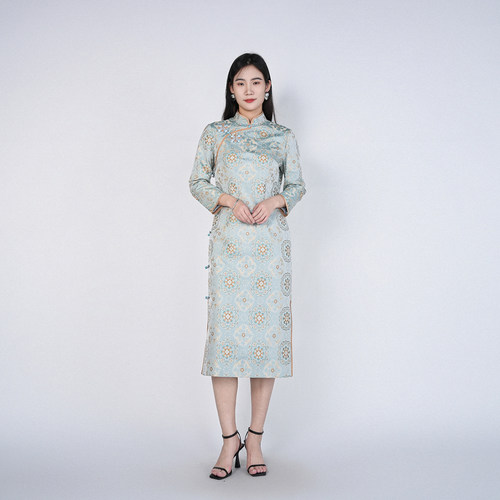浒城古娘新款桑蚕丝高定立领长袖新中式国风宋锦旗袍连衣裙女春秋