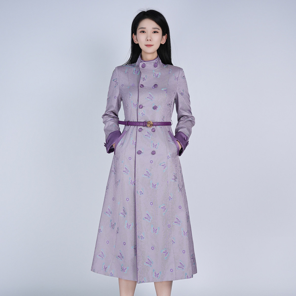 浒城古娘新款高定优雅立领长袖新中式国风战袍宋锦连衣裙女款春秋