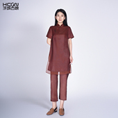 女夏季 浒城古娘新款 国风套装 新中式 复古桑蚕丝气质红色立领短袖