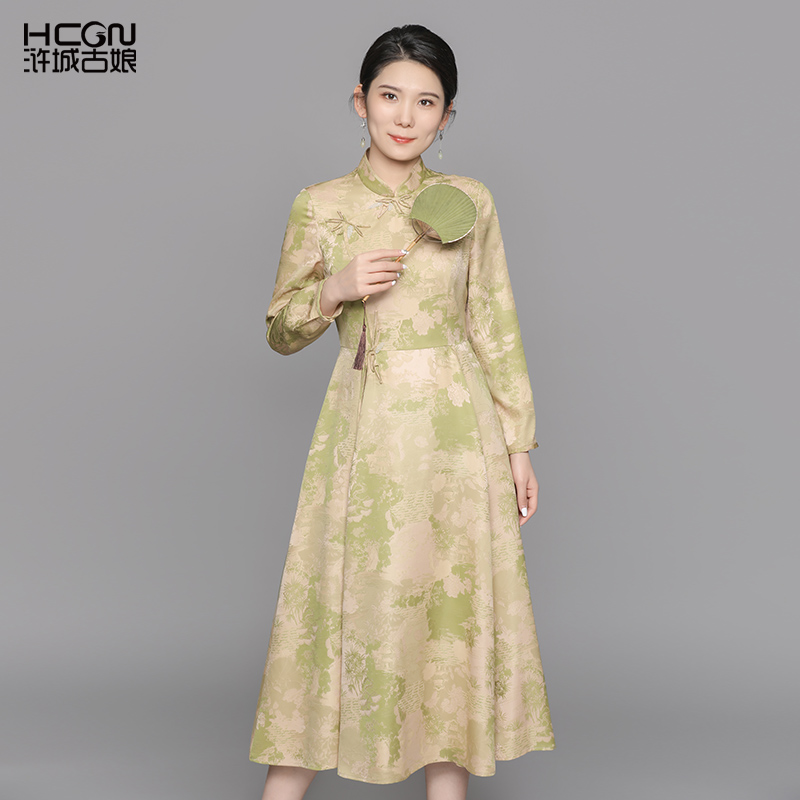 中国风桑蚕丝印花长袖立领连衣裙