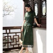 女夏季 国风香云纱套装 桑蚕丝气质蕾丝优雅立领新中式 浒城古娘新款