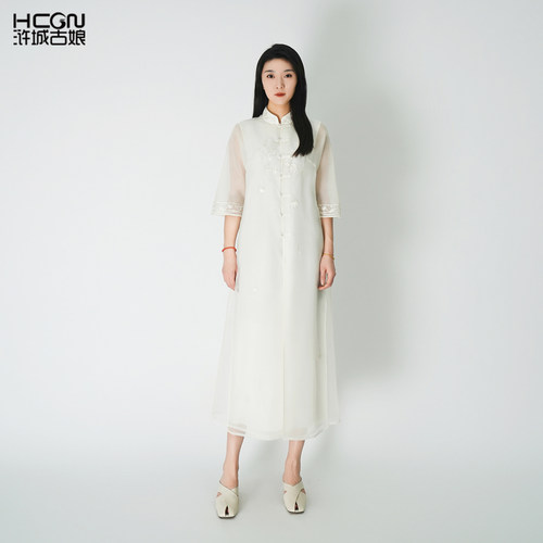 浒城古娘新款刺绣仙气中长款立领清岚真丝绡新中式国风连衣裙女夏
