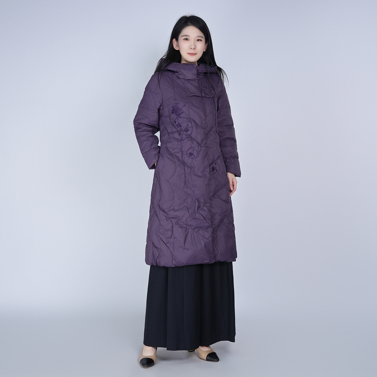 【白鸭绒】中国风保暖显瘦长款加厚时尚修身显瘦连帽舒适羽绒服