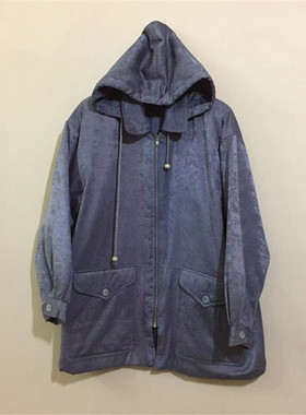 【原 价¥168】vintage  日本古着可拆卸帽软垫肩墨蓝色夹棉风衣