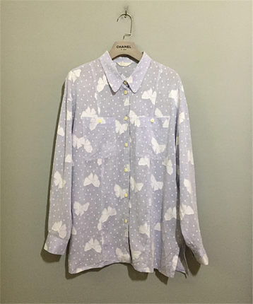 【原 价¥178】vintage  日本制古着蝴蝶结浅紫罗兰透视棉麻衬衫