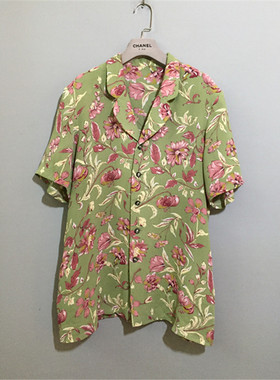 【原 价¥78】vintage  日本古着花朵图案绿色雪纺衬衫