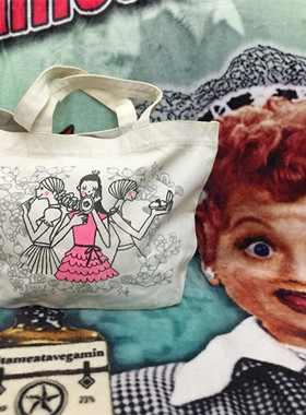 【原 价¥68】Abbott Vintage  日本古着手绘女郎白色帆布托特包