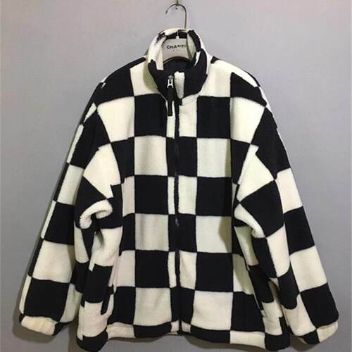 【上新价¥168】vintage  瑞典H&M黑白棋盘格立领摇粒绒厚款棉衣