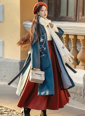 拟梦霜降国风原创日常汉服毛呢大衣褙子红色破裙白色飞机袖秋冬款
