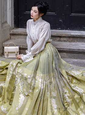 拟梦咏槐花国风原创妆花马面裙上班穿浅绿色通勤日常汉服七对褶春