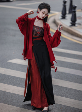 拟梦玫瑰夜语 原创宋制汉服飞机袖旋裙红黑港风御姐系通勤春秋女