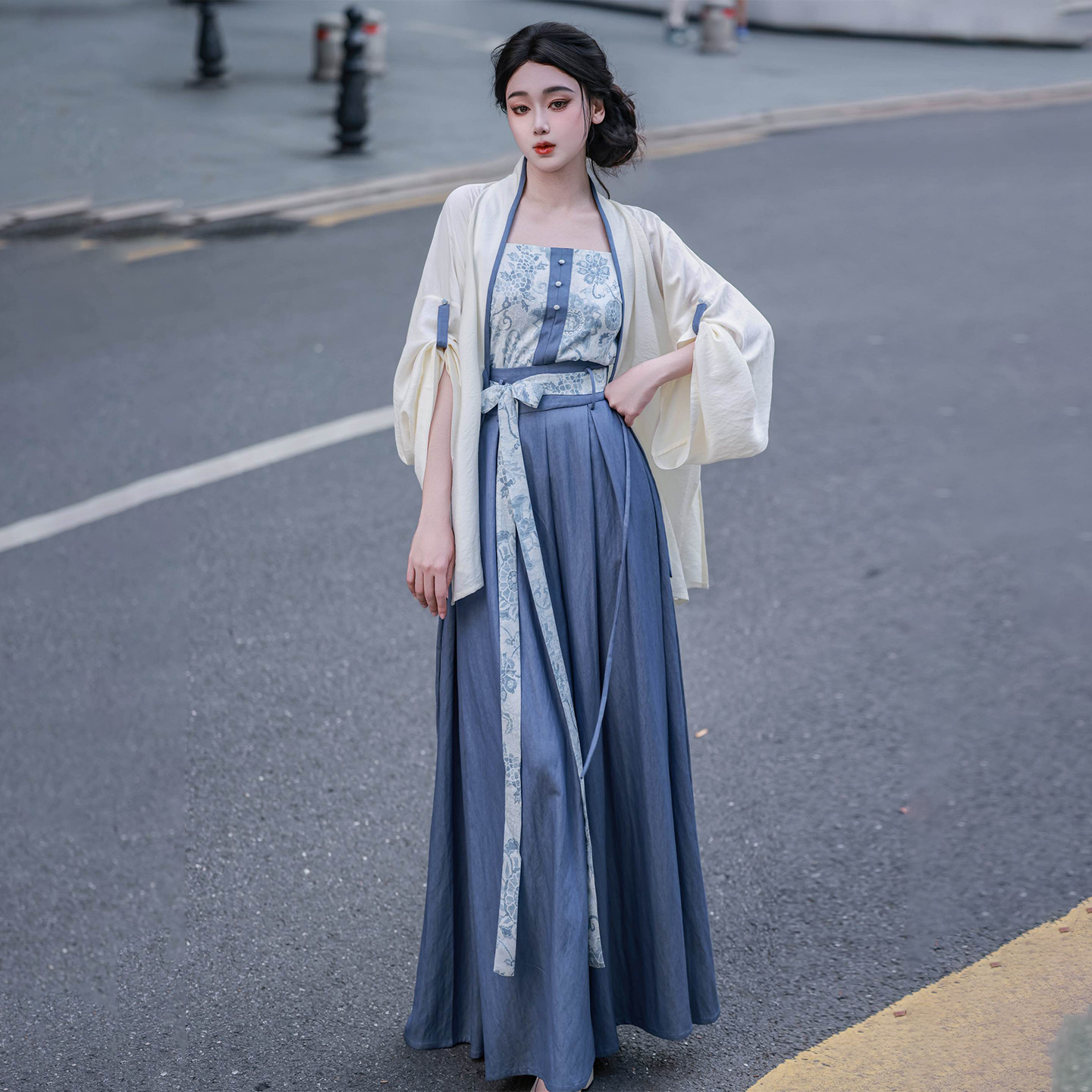 拟梦空青原创汉服宋制对襟衫挽袖改良松紧宋裤阔腿裤牛仔复古日常