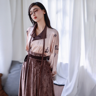 拟梦 原创唐制汉服丝绒破裙汉元 素高领衬衫 日常春秋温柔 花影