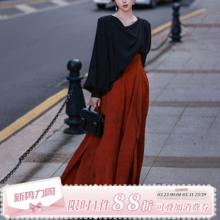 通勤日常套装 拟梦原创黑荡领衬衫 破裙春秋国风新中式