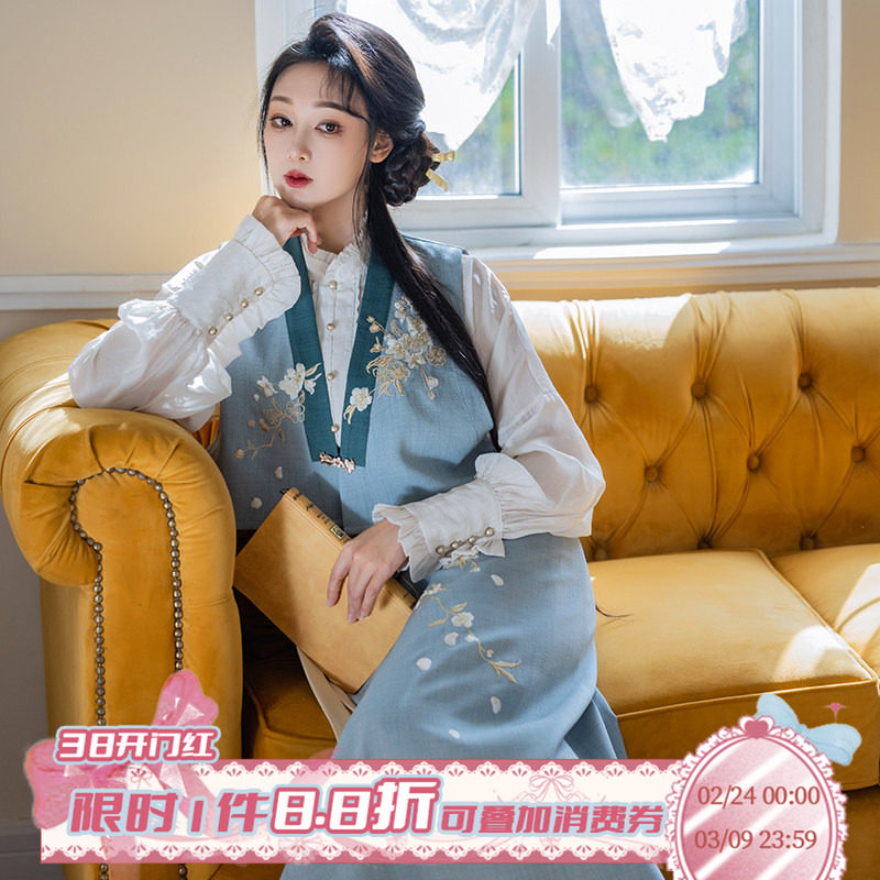 拟梦梨花曲国风原创通勤日常汉服旋裙新中式刺绣马甲立领衬衫春秋