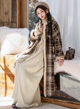 拟梦黑糖半巧 明制圆领长袄仿宋裤秋冬加绒毛呢日常通勤口袋格纹