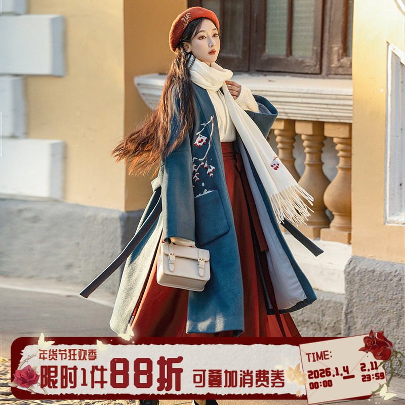 拟梦霜降国风原创日常汉服毛呢大衣褙子红色破裙白色飞机袖秋冬款,女装/女士精品,汉服半身裙,淘宝优惠券,粉丝福利购,淘宝优惠卷