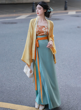 拟梦只留香 原创宋制对襟直袖旋裙春秋通勤日常汉服鹅黄青碧提花