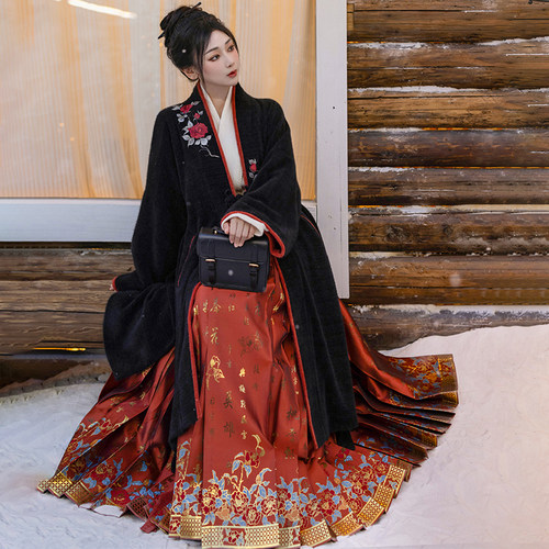 拟梦冬日朱砂痣 原创汉服宋制对襟长袄针织飞机袖仿妆花点翠马面